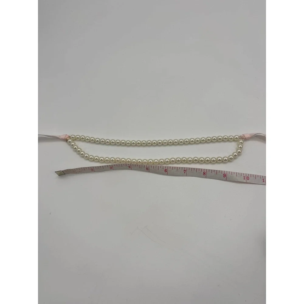 J Crew Factory Girls Two Strand Pearl Necklace Pink Ribbon Clasp Gold Tone Charm